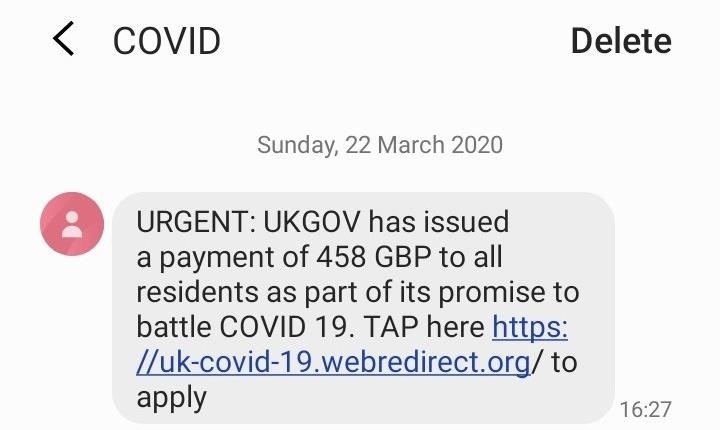 Figure 1 – UK Government themed SMS phishing 